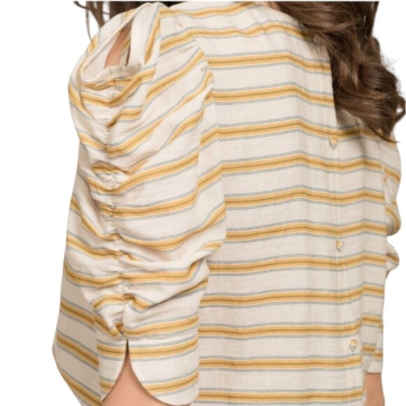 Anthro Moon River Linen Puffed Sleeve Top Crop Elastic Waist Yellow Stripe L - Picture 3 of 14